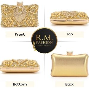 Womens Evening Gold Clutch Bag with Rhinestone